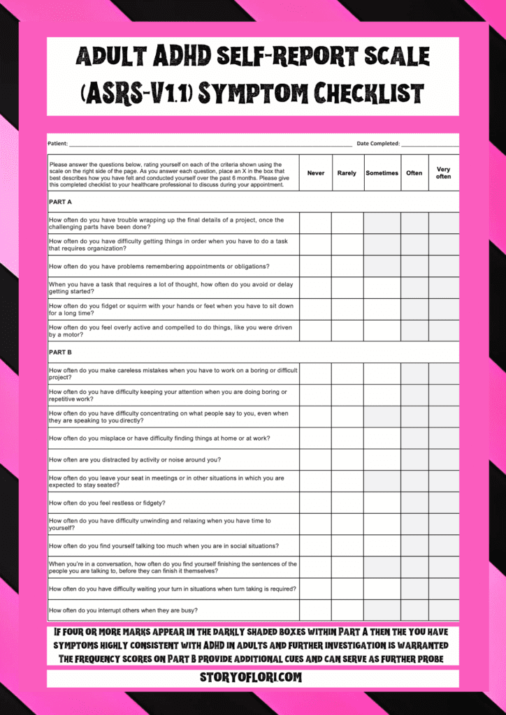 adult ADHD self report scale ASRS V1.1 Symptom Checklist on a black and pink diagonal striped background